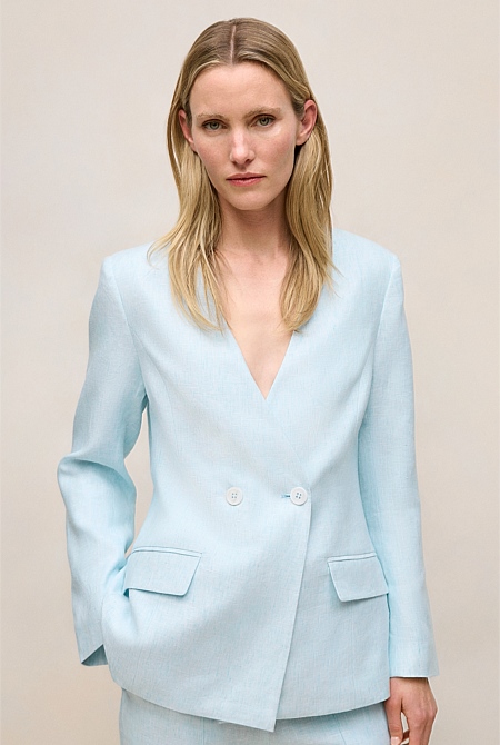 Linen Collarless V Neck Blazer