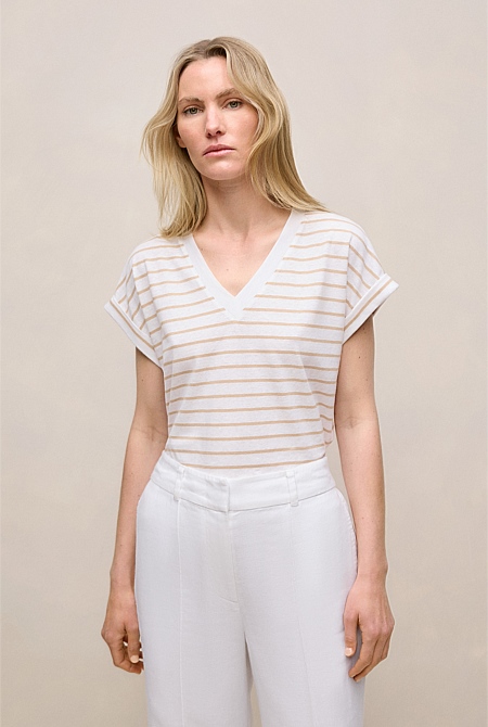 Linen Cotton Stripe V Neck T-shirt