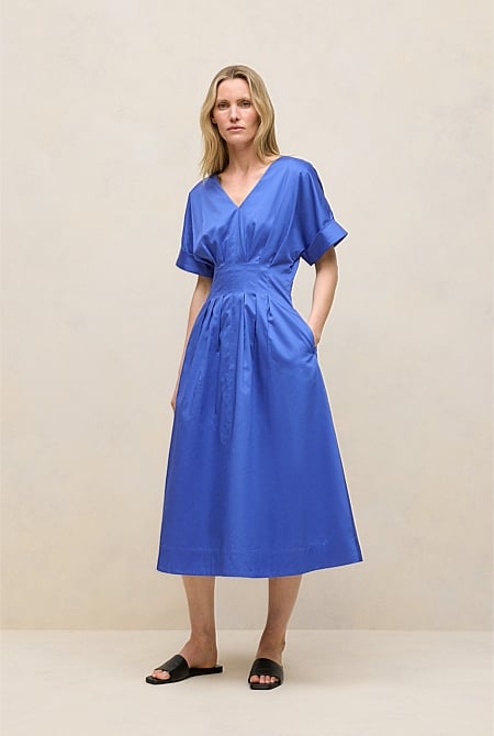 Cotton Sateen Pleat Waist Dress