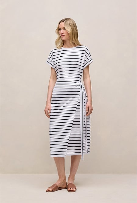 Cotton Stripe Wrap Detail T-shirt Dress