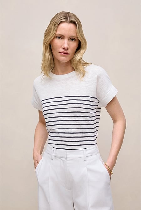 Linen Cotton Stripe Relaxed Crew T-shirt