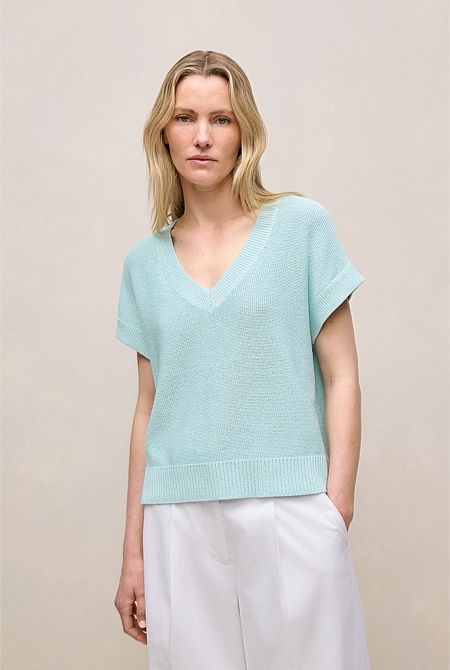 Mercerised Cotton Relaxed V Neck Knit