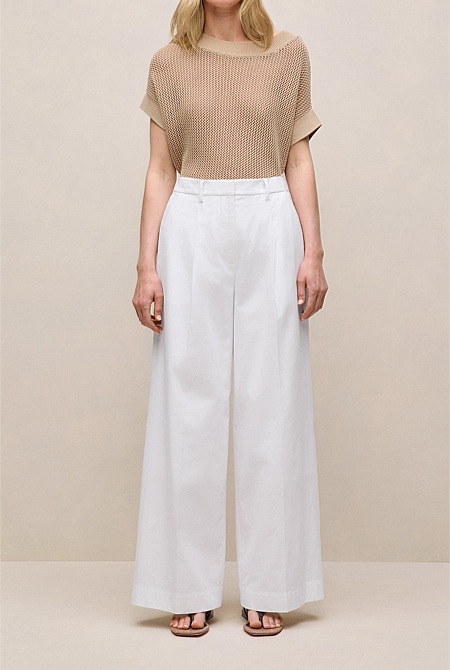 Cotton Blend Tailored Wide Leg Pant
