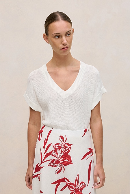 Mercerised Cotton Relaxed V Neck Knit