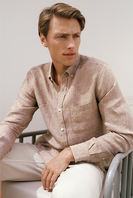 Regular Fit Yarn Dyed Linen Grid Shirt