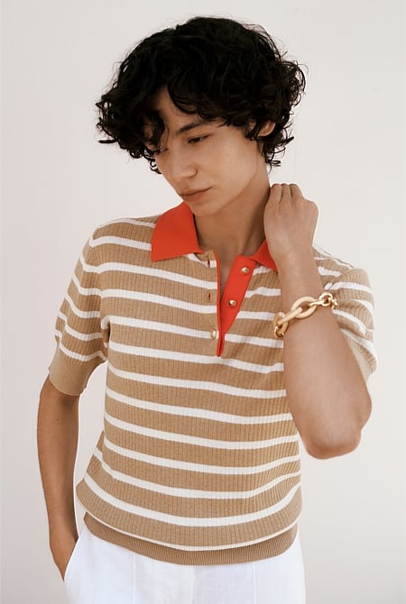 Cotton Cashmere Stripe Rib Knit Polo