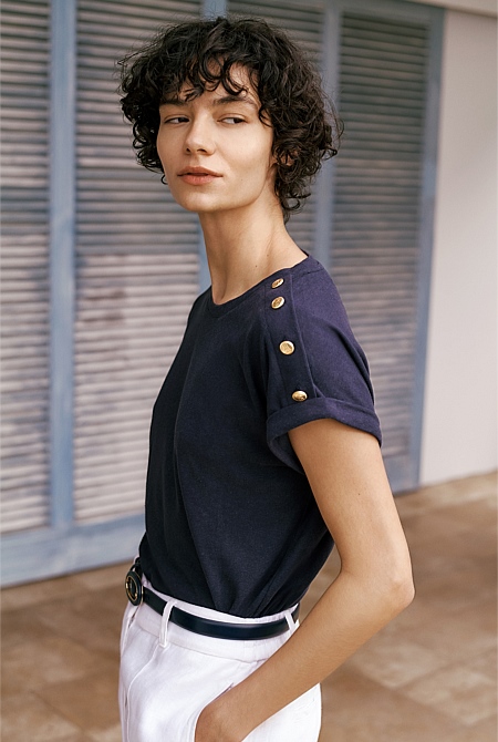Linen Cotton Button Detail T-shirt