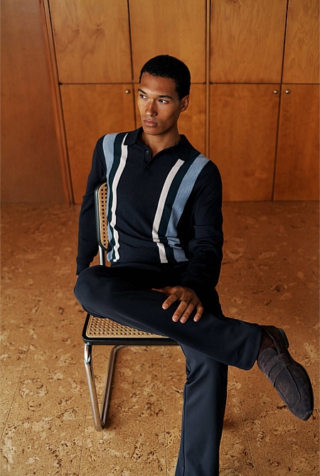 Merino Graphic Stripe Long Sleeve Polo