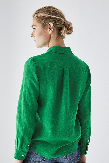 Grass Green Delave Linen Classic Shirt - WOMEN Shirts | Trenery