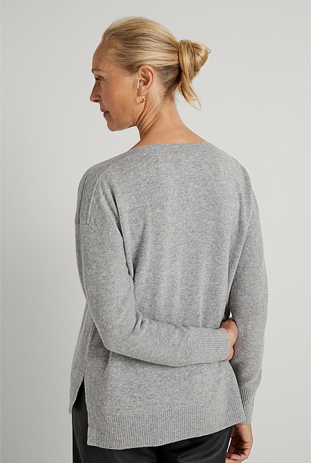 Mid Grey Marle Merino Boat Neck Pullover - WOMEN Knitwear | Trenery