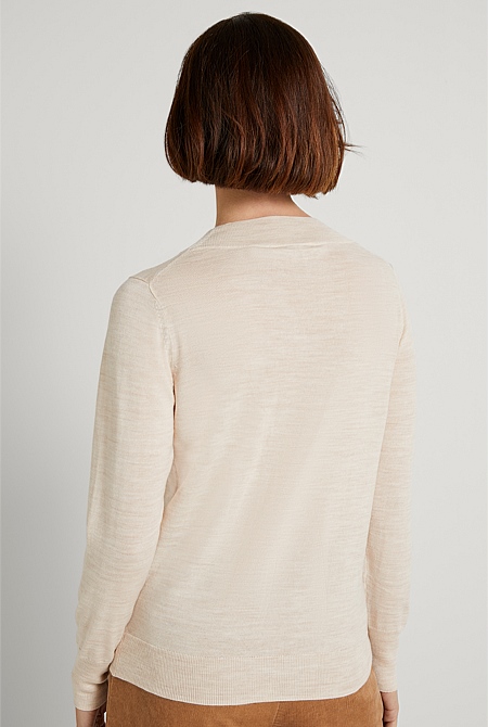 Oatmeal Marle Merino Rib Detail V Neck - WOMEN Knitwear | Trenery