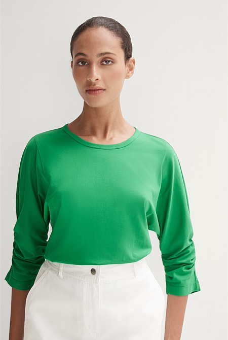 Amazon Green Pima Cotton Ruched Sleeve T-shirt - WOMEN T-Shirts & Tops ...