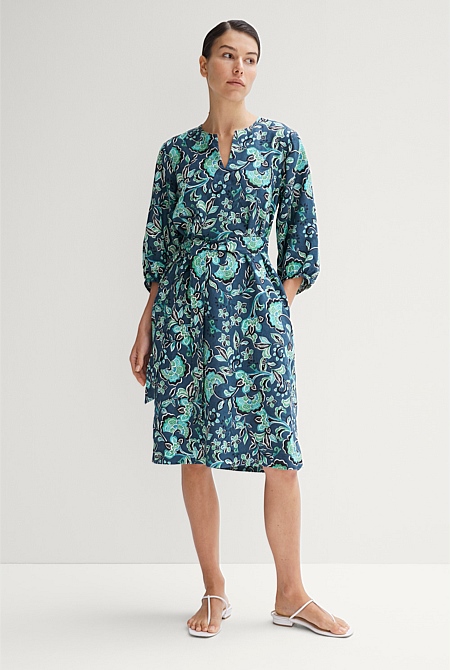 Linen Trailing Peony Print Dress