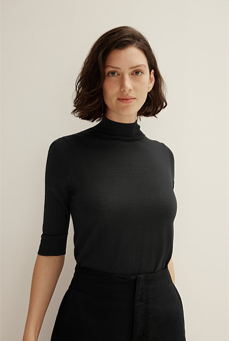 Merino Half Sleeve Mock Neck Knit