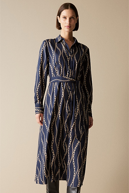 Cotton Modal Chain Print Belted Shirt Dress