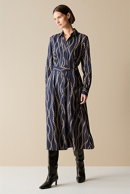 Cotton Modal Chain Print Belted Shirt Dress