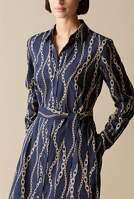 Cotton Modal Chain Print Belted Shirt Dress