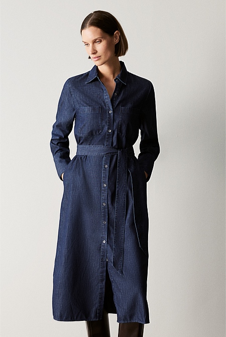 Dark Indigo Denim Relaxed Shirt Dress - WOMEN Dresses | Trenery