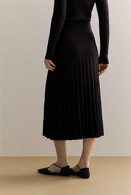 Cotton Cashmere Knit Pleated Midi Skirt