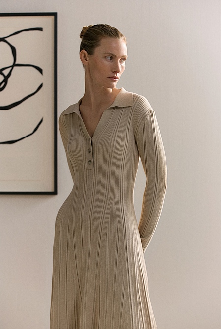 Cotton Cashmere Blend Long Sleeved Polo Dress