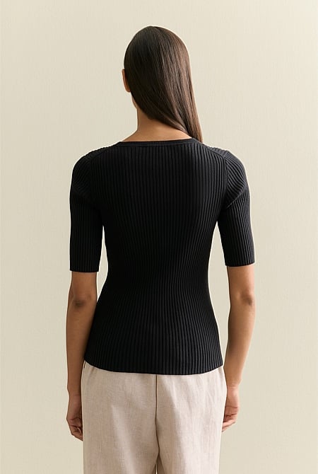 Cotton Cashmere Blend Rib Knit T-shirt