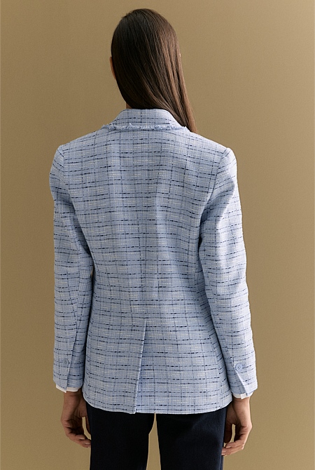 Cotton Blend Check Tweed Fray Double Breasted Blazer