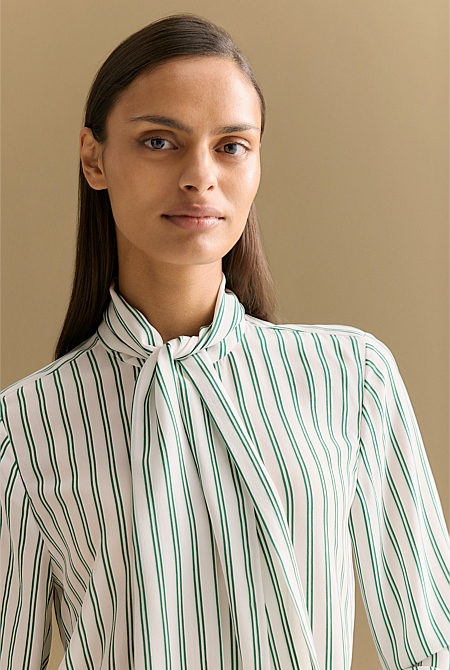 Silk Striped Tie Neck Shirt