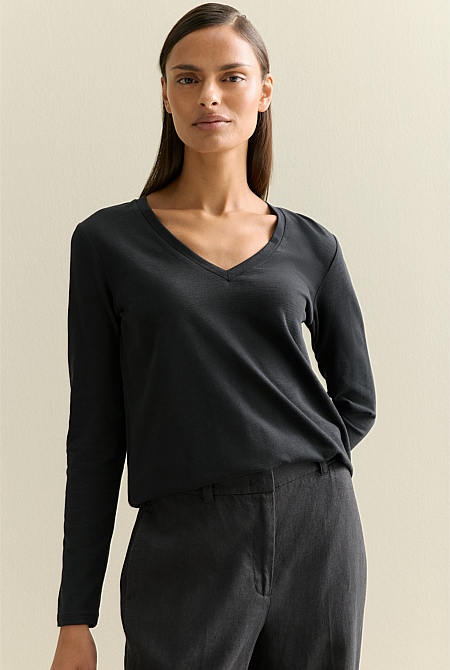 Cotton V Neck Long Sleeved T-shirt