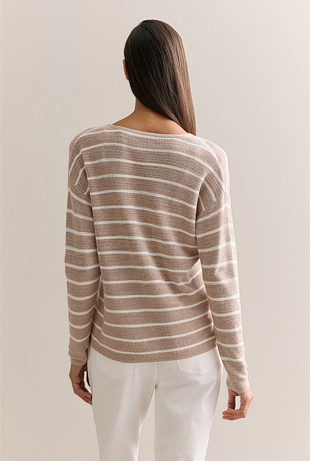 Cotton Linen Striped V Neck Knit