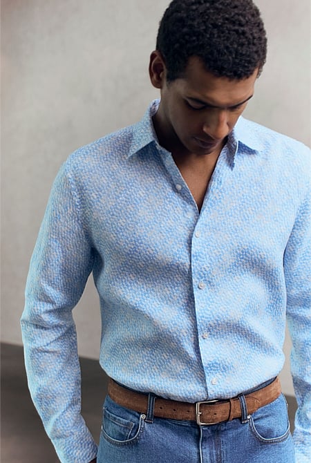 Tailored Fit Linen Abstract Tile Print Shirt