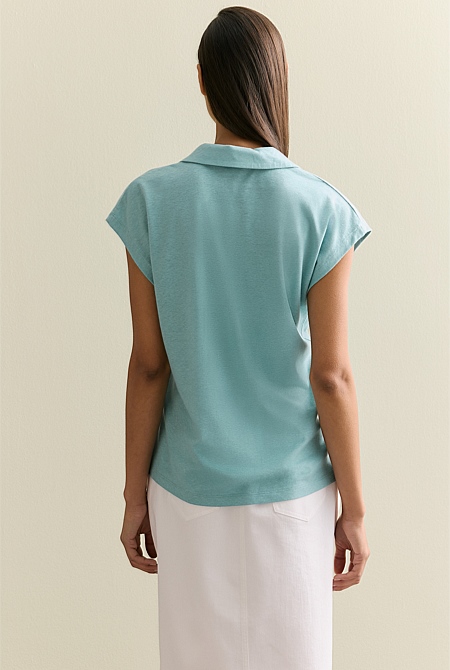 Linen Cotton Relaxed Cap Sleeve Polo