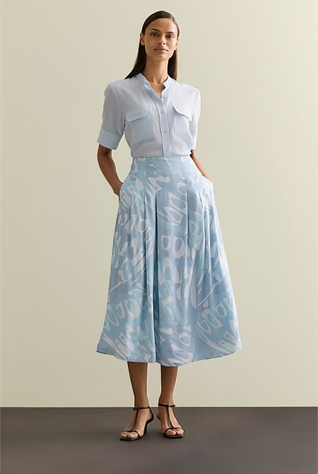 Draped Twill Butterfly Print Pleat Detail Skirt