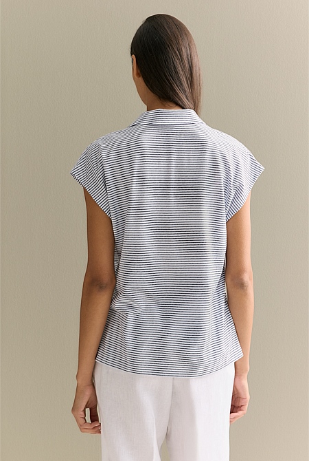 Linen Cotton Stripe Relaxed Cap Sleeve Polo