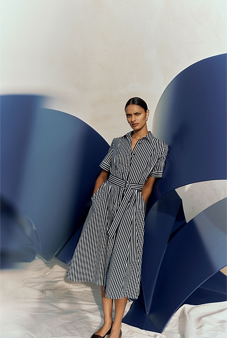 Cotton Poplin Stripe Print Shirt Dress