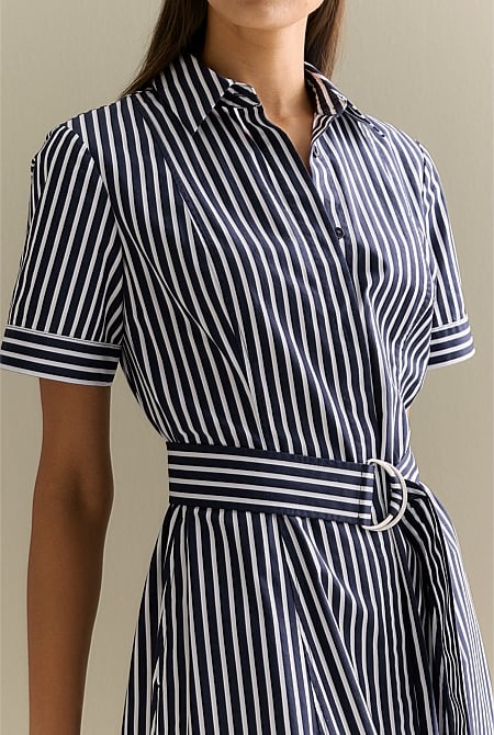 Cotton Poplin Stripe Print Shirt Dress