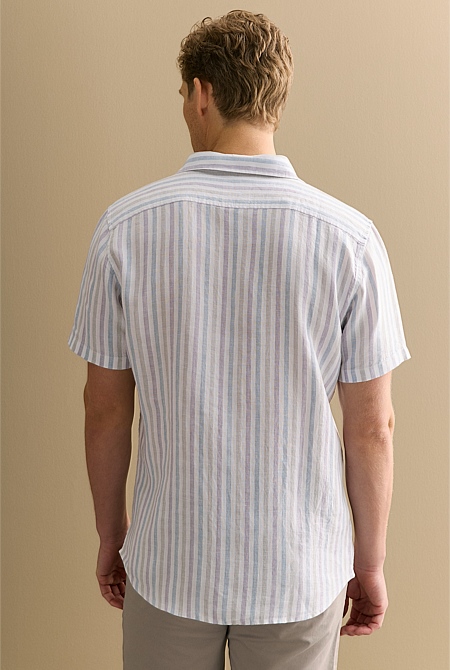 Regular Fit Linen Multi Stripe Short Sleeve Shirt