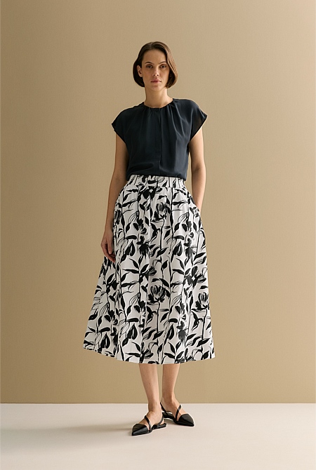 Cotton Poplin Floral Pull On Skirt