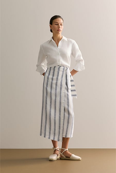 Linen Shadow Stripe Wrap Detail Skirt