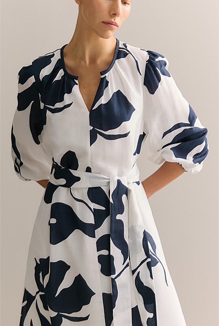 Palm Blouson Sleeve Tie Waist Dress