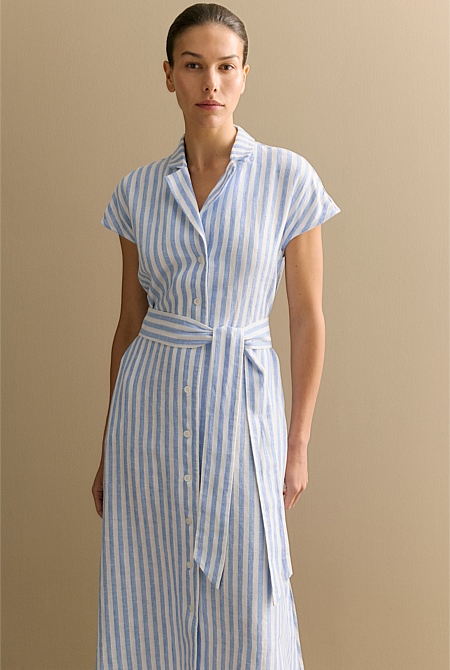 Linen Bengal Stripe Cap Sleeve Shirt Dress