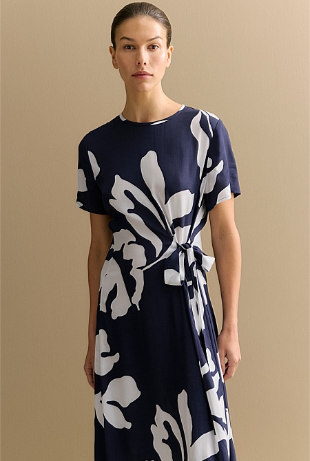 Palm Gathered Tie Waist Dress