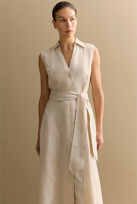 Yarn Dyed Linen Panel Detail Sleeveless Shirt Dress