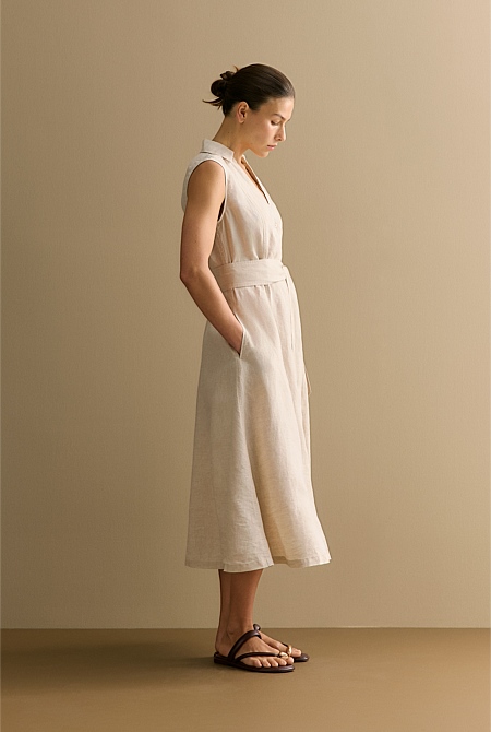 Yarn Dyed Linen Panel Detail Sleeveless Shirt Dress