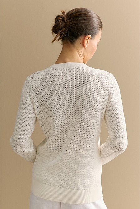 Mercerised Lace Knit 3/4 Sleeve Crew