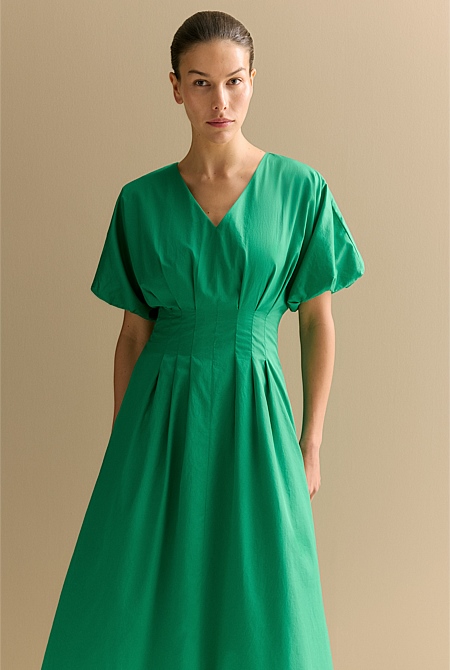 Cotton Sateen Pleat Waist Dress