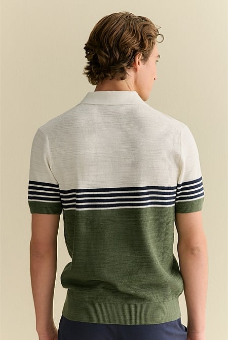 Cotton Linen Textured Colourblock Stripe Polo