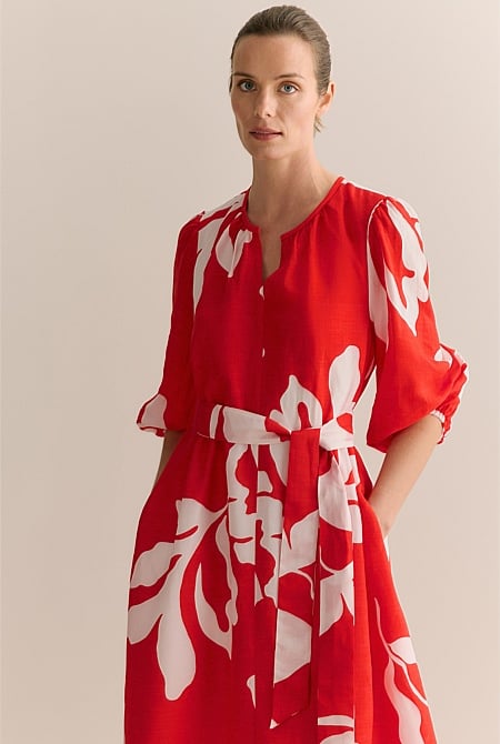 Stencil Palm Blouson Sleeve Tie Waist Dress