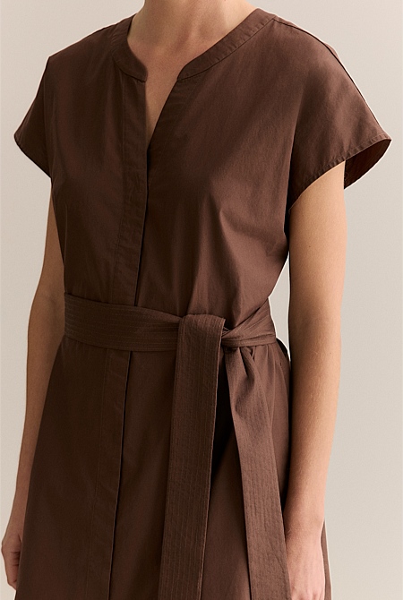 Cotton Poplin Cap Sleeve Belted Dress