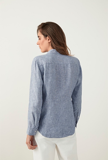 Pale Blue Delave Linen Fitted Shirt - WOMEN Shirts | Trenery