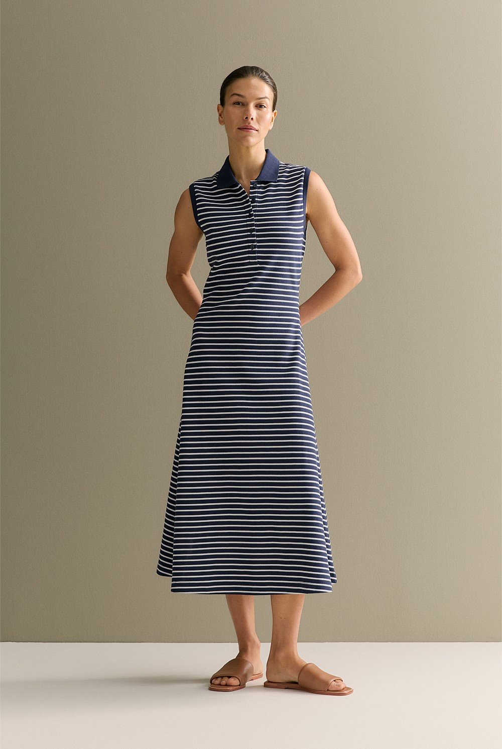 Cotton Pique Stripe Sleeveless Polo Dress